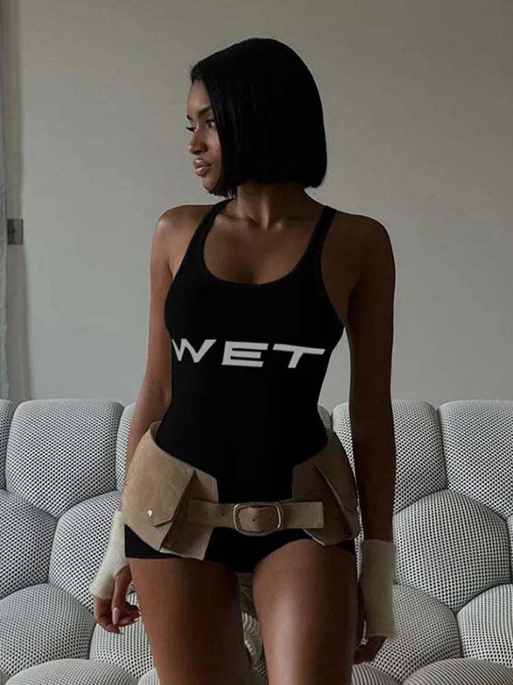 Summer 2025 Women's Sexy Sport Romper White Sleeveless Playsuit Letter Print Subtranslucent Slim Fit Raceback Design