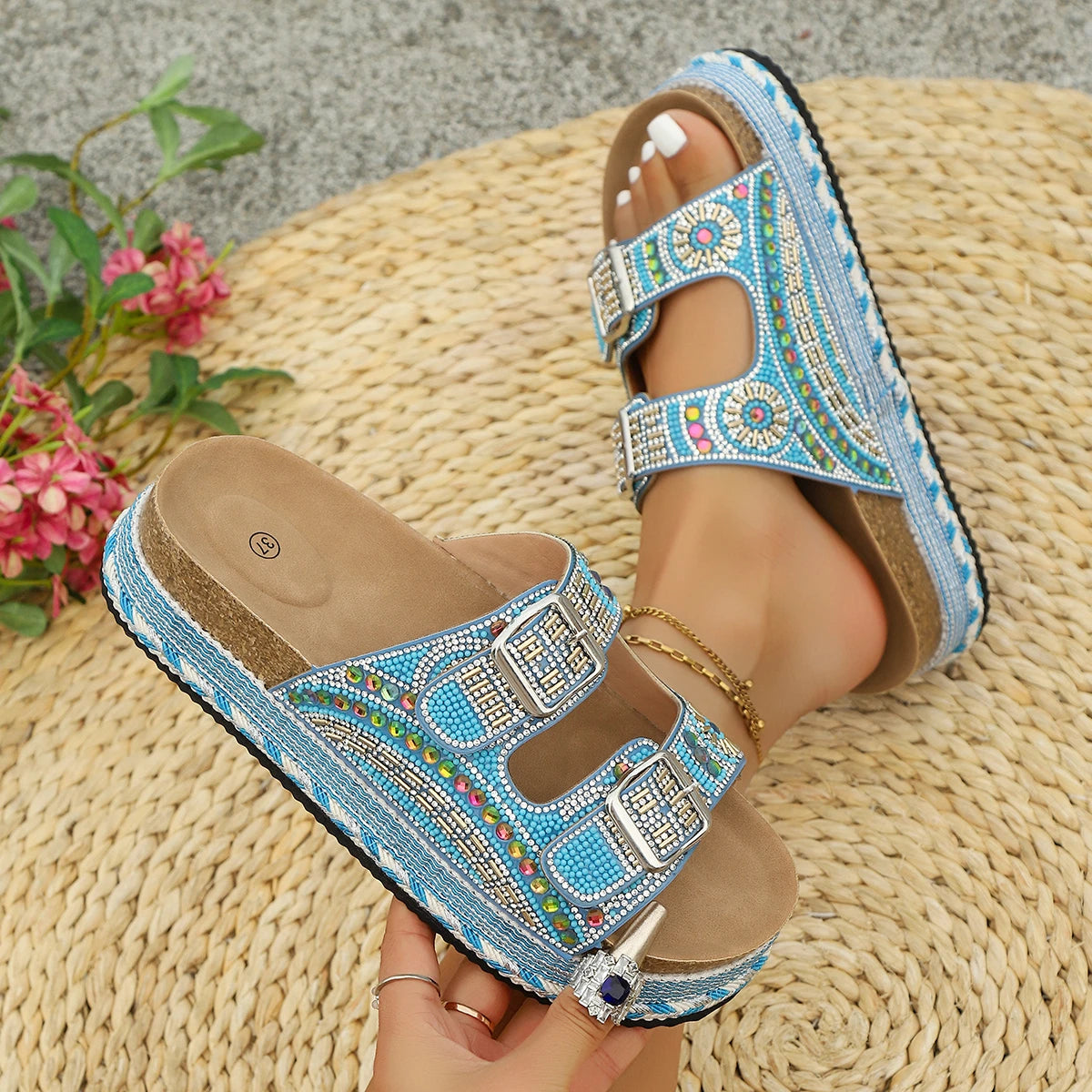 Women Slippers Rhinestone Glitter Sandals Slip-On Double Buckle Slippers Party Elegant Shoes Women Sparkling Trend Slides Women