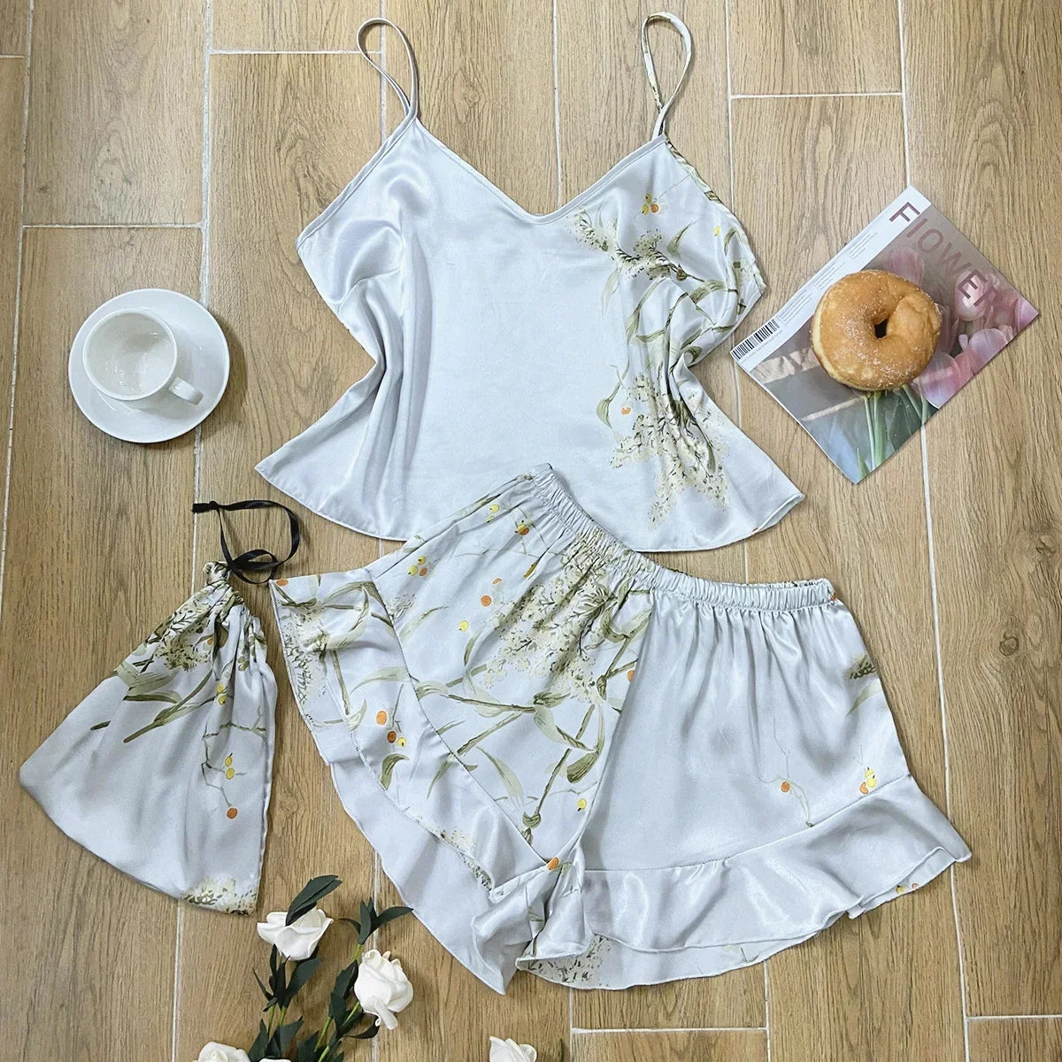 3 Pcs Summer Women Dress Silk Pajamas Fashion Print Suspenders and Shorts With Hanging Bag Home Wear Set Sexy