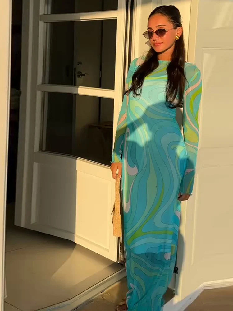 Sexy Women's Sheer Mesh Bodycon Maxi Dress Chic Print Sleeveless Slim Fit Beach Vacation Long Dresses Casual Daily Female Outfit