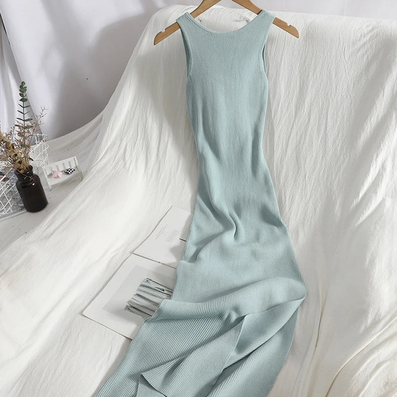 YuooMuoo Chic Fashion Sexy Package Hips Split Knitted Summer Dress Women V-neck Knot Bodycon Long Dress Lady Party Vestidos