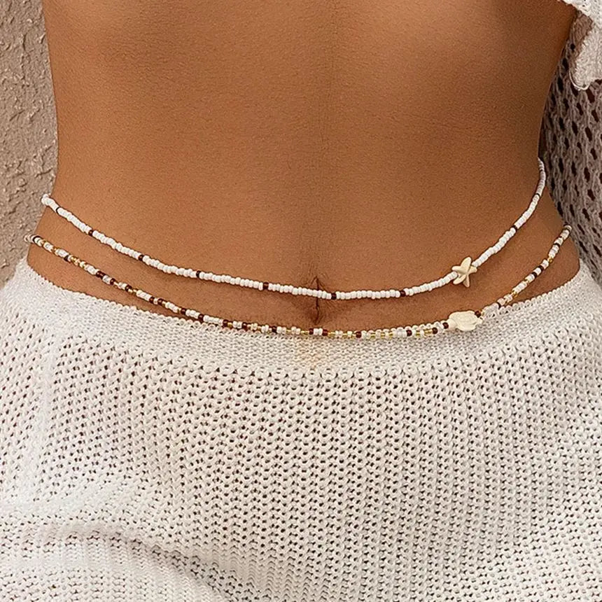 KunJoe 2Pcs Bohemian Turtle Sea Star Waist Chain Set for Women Summer Bikini Small Seed Beads Belly Chain Beach Body Jewelry