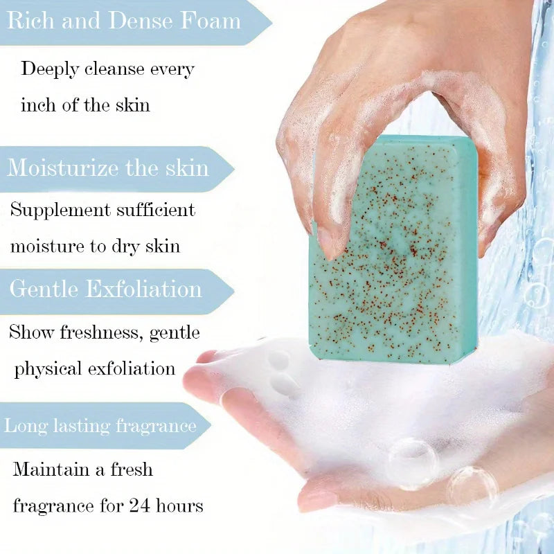 Seaweed scrub particle soap is rich in vitamin E. It contains olive oil, which gently cleanses the face, moisturizes and hydrate
