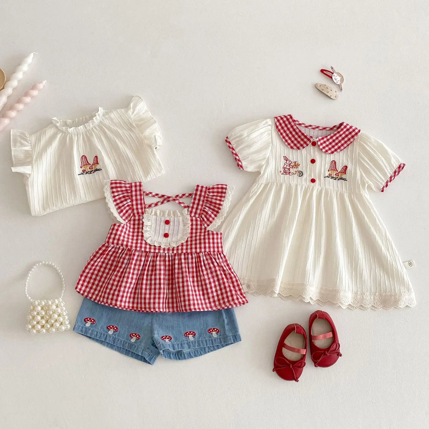2025 New Summer Girls' Plaid Dress, Korean Style Baby Doll Collar Embroidered Bunny Dress for Toddlers