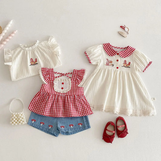 2025 New Summer Girls' Plaid Dress, Korean Style Baby Doll Collar Embroidered Bunny Dress for Toddlers