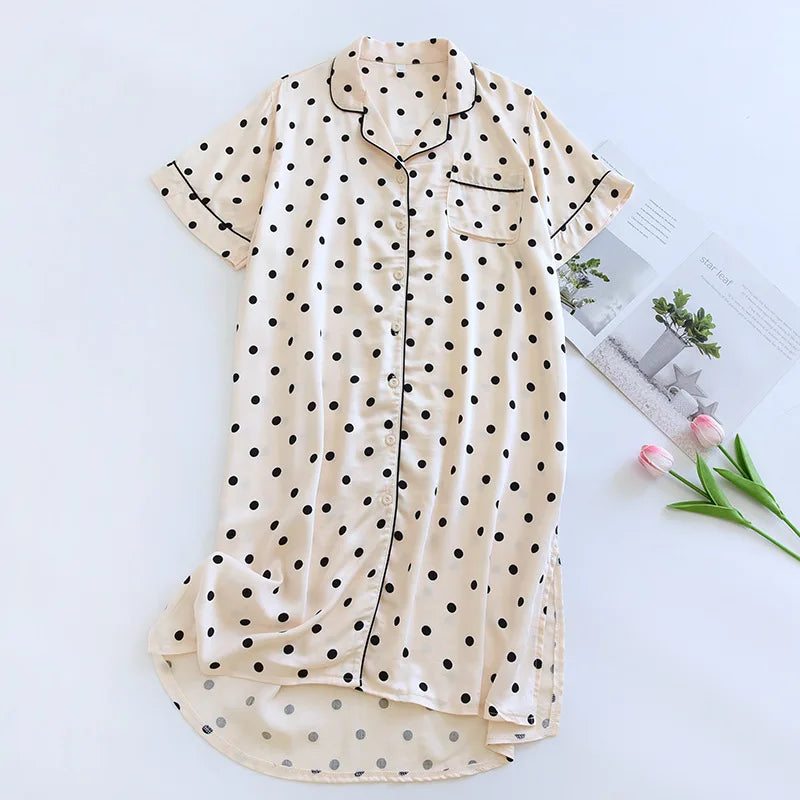 Cotton Viscose Dots Printed Sleepwear Summer Shirt Dress for Women Short Sleeved Pajama Nightdress Comfortable Home Clothing