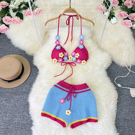 Summer Shorts Sets Women Girl Holiday Beach Bikini Knitted Crochet Flower Halter Camisole with Shorts Women Sexy Two Piece Sets