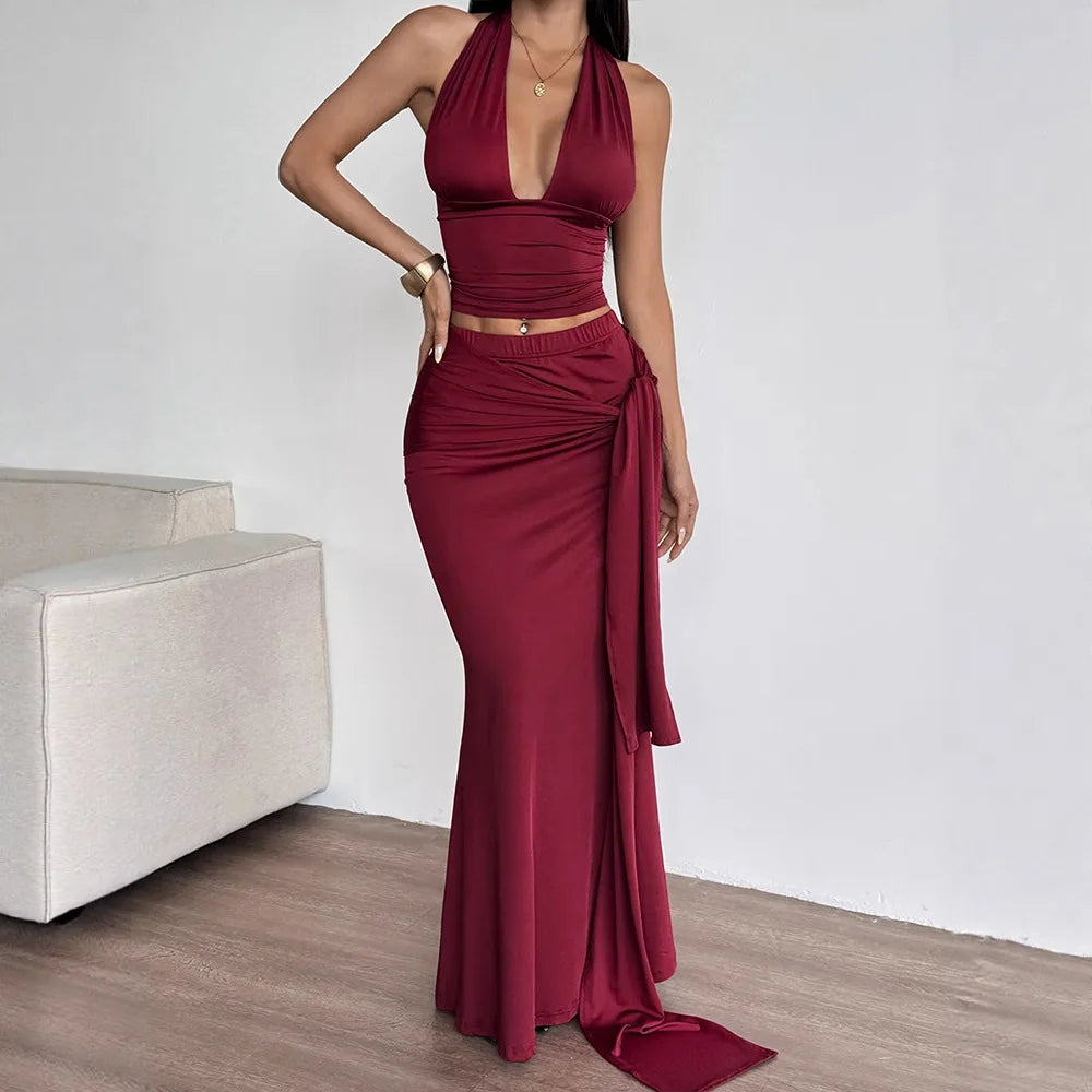 Sexy Satin Wrap around Waist Top with Long Skirt AD329 Summer New Style Crossbody Strap Design Bodycon Dress for Women