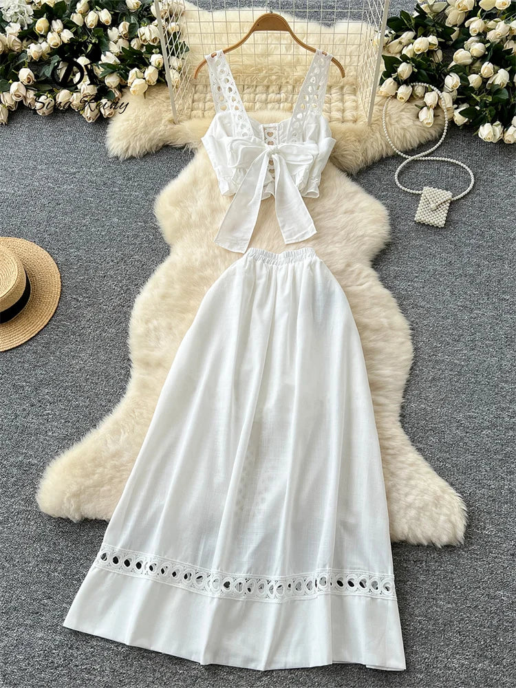 SINGREINY Holiday Hollow Out Two Pieces Sets Women Strap Backless Mini Camis+Elastic Long Pantskirt Bohe Cotton Embroidery Suits