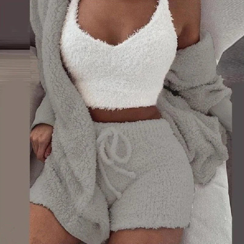 Plush Home Fluffy Pajamas Suit Women's Casual Pajamas Vest Shorts Plus Size Hoodie Casual Jumpsuit Winter Three-piece Pajamas