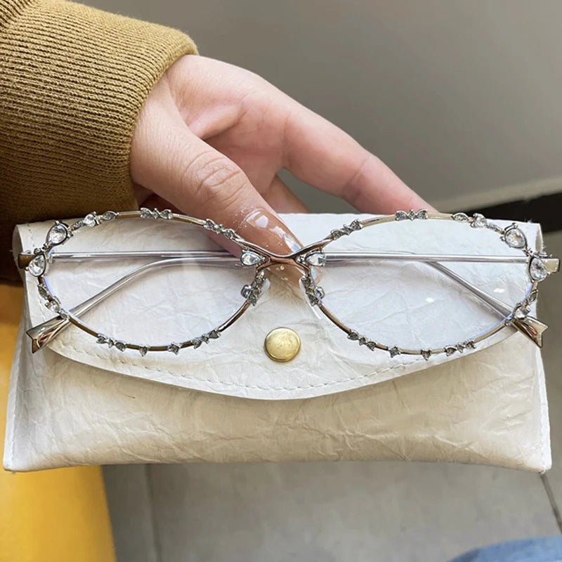 2026 Diamond Studded Bow Oval Frame Glasses Women's Fashion Vintage Transparent Metal Sunglasses Blue Light Blocking Eyeglasses