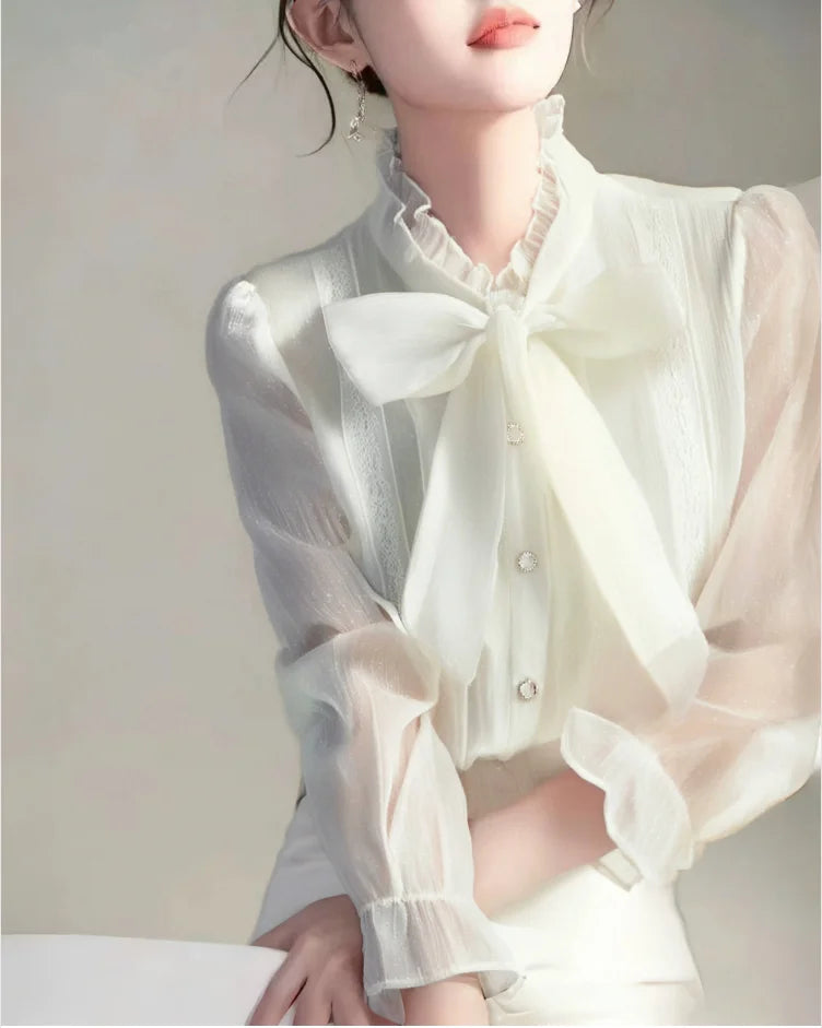 Chiffon Women Shirts Summer 2023 Solid Long Sleeve Fashion Y2k Blouses Loose Korean Top Bow New Casual Blusa