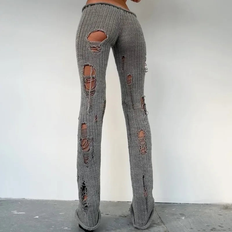 Punk Sle Bell Bot Pants Knitted Wool Slim Fit Hole Design Sexy Girl Streetwear Long Trousers Low Waist for Women And Girls