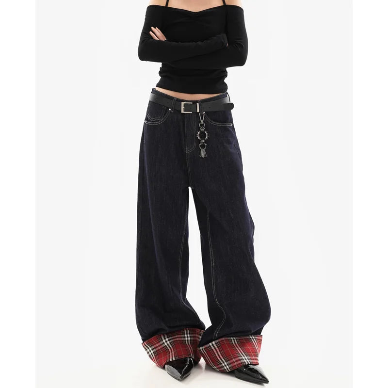American Blue Vintage High Waist Pants Women's Casual Baggy Y2K Straight Jeans Wide Leg Grunge Street Pockets Denim Trouser