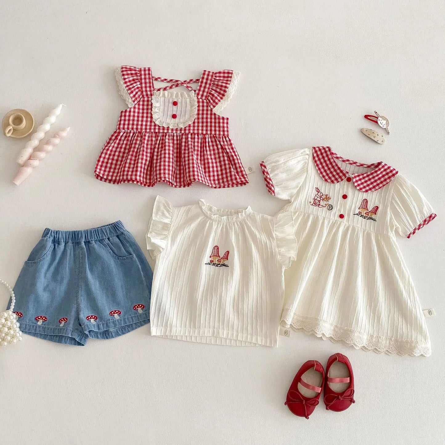 2025 New Summer Girls' Plaid Dress, Korean Style Baby Doll Collar Embroidered Bunny Dress for Toddlers