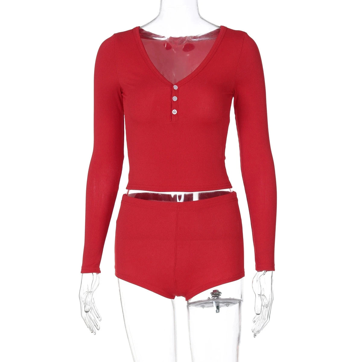 Absobe Three Buttons Crop Top Shorts Leisure Suit Women V-neck Long Sleeve T-shirt Short Pants Solid Slim Outfit Streetwear
