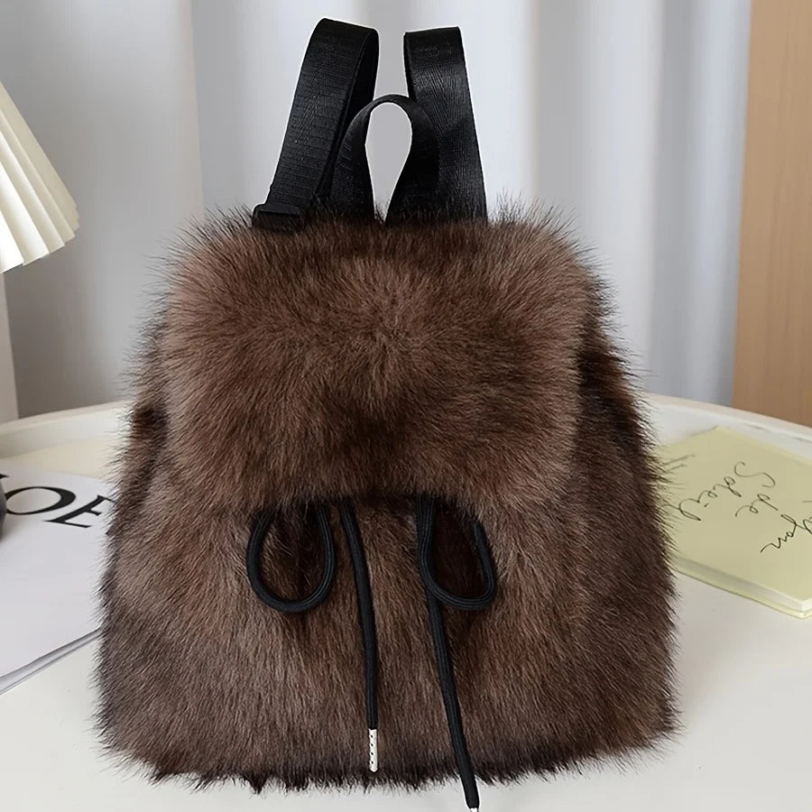 Women's Plush Faux Fur Backpack with Adjustable Drawstring Closure Daypack for Casual Formal Use Mini Backpack Soft Texture Bag