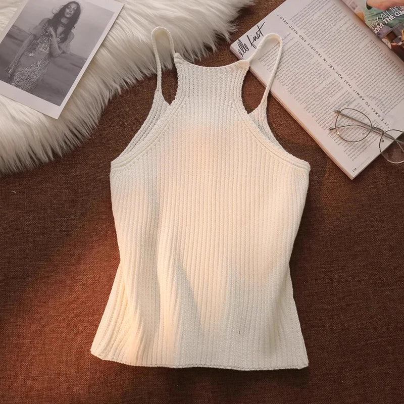Summer Sexy Flower Knitted Camisole Women's Solid Color Sleeveless Slim Crop Top
