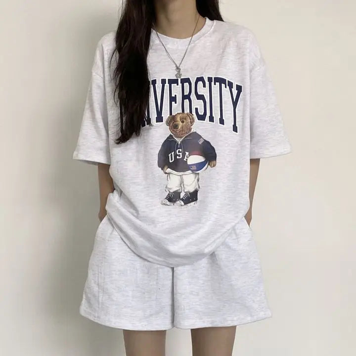 Summer Cotton Bear Print Short Sets 2025 New Casual Loose Two Pieces Short Sleeve T Shirt and High Waist Short Pants Suits Women