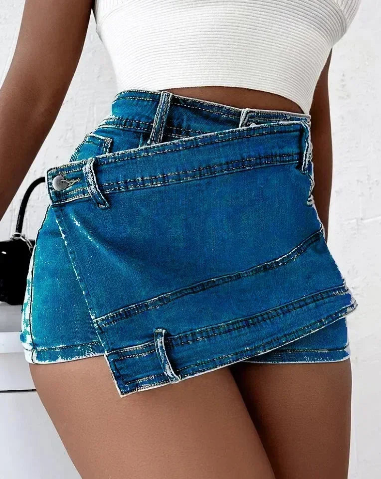 Women Fashion Denim Mini Skort Rave Street Wrap Stretch Irregular A-Line Skinny Cargo Jean Shorts Mujer