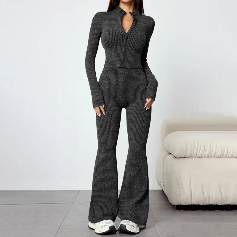 European And American Yoga Wear Set For Autumn And Winter Zipper Long-sleeved Sports Jacket Women's Fitness Yoga Flared Trousers