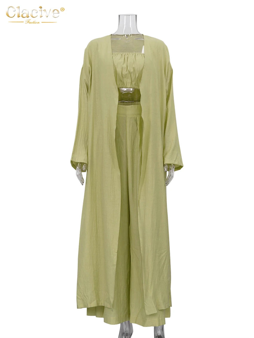 Clacive Fashion Loose Green 3 Pieces Set For Woman 2025 Sexy Long Sleeve Robes + Tube Top With High Waist Wide Pants Set Female