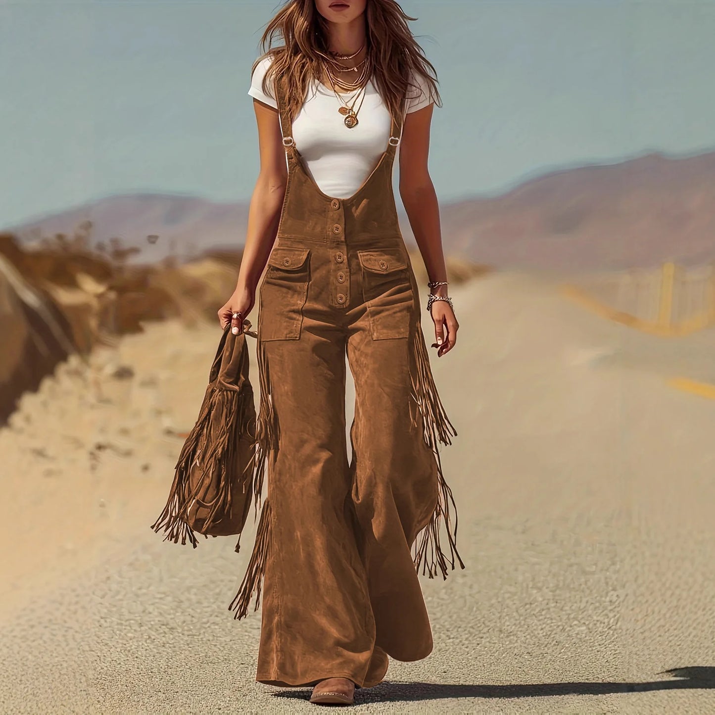 Women Chamois Straps Jumpsuit Spring Tassel Wide Leg Pants Romper Dungaree Bib Overalls Casual Loose Sleeveless Street Jumpsuits