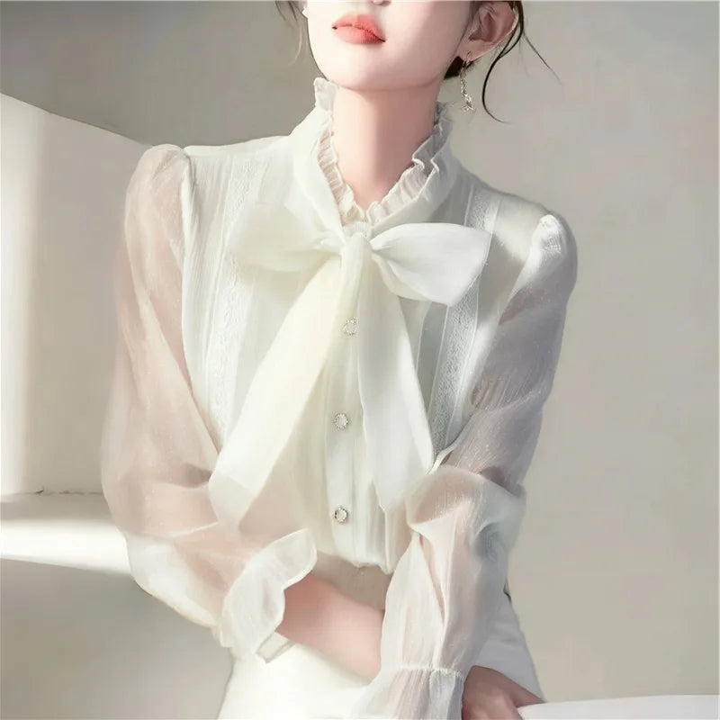 Chiffon Women Shirts Summer 2023 Solid Long Sleeve Fashion Y2k Blouses Loose Korean Top Bow New Casual Blusa