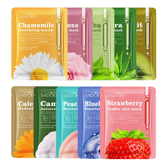 10pcs SADOER Fruit Floral Fragrance Face Mask Moisturizing Anti Wrinkle Hydrating Chamomile Blueberry Facial Masks Skin Care