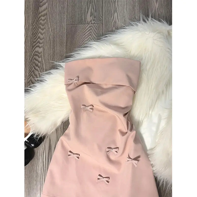 Spring Pink Strapless Mini Dress Women Bow Design Elegant Slim Fit Stylish Dress Comfortable Party Casual Dress Female 2025 New