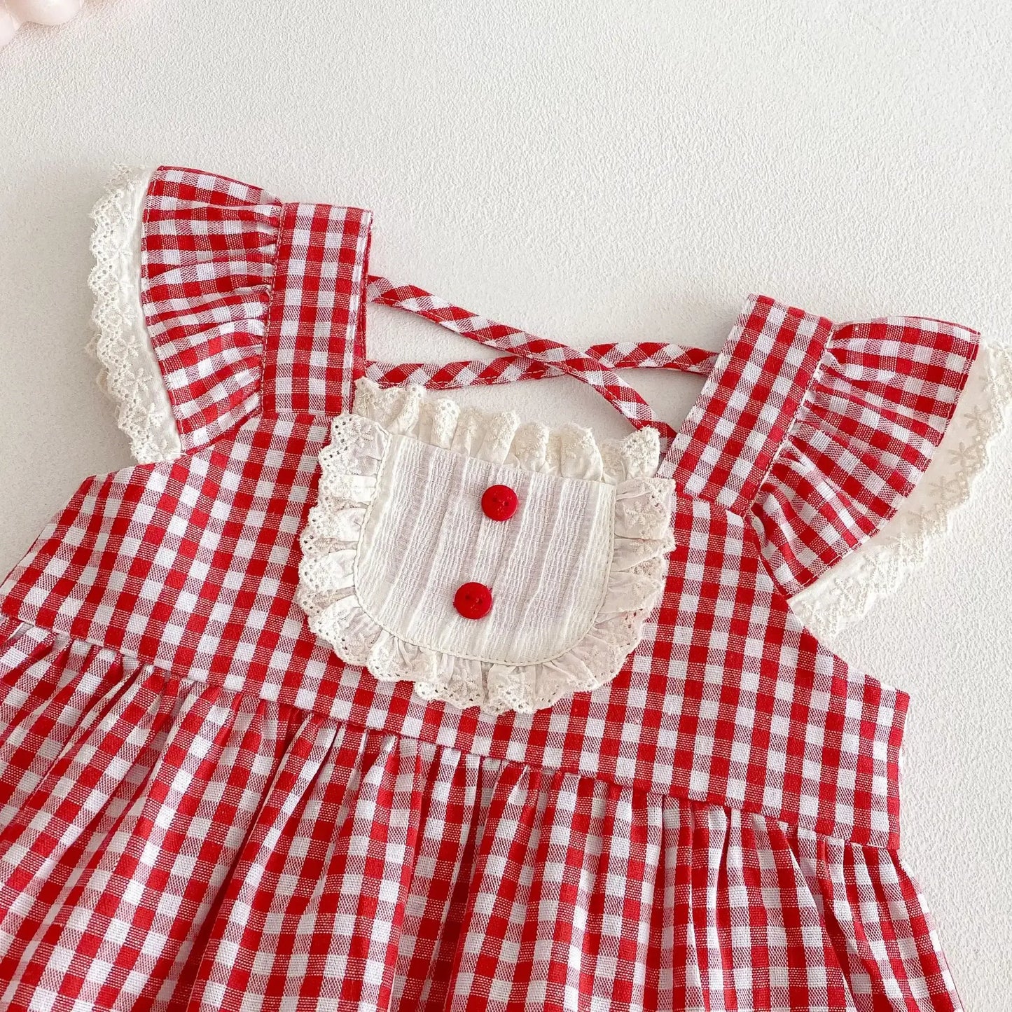 2025 New Summer Girls' Plaid Dress, Korean Style Baby Doll Collar Embroidered Bunny Dress for Toddlers