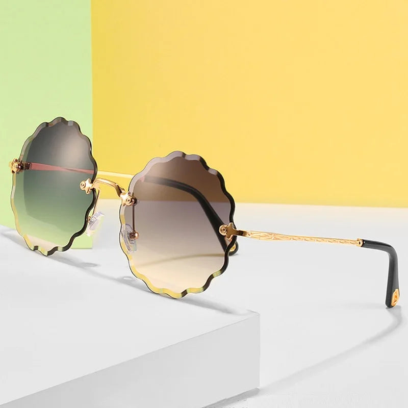 Oversized Round Sunglasses Women Flower Design Trendy Rimless Sun Glasses Shades for Women Driving Eyewear UV400