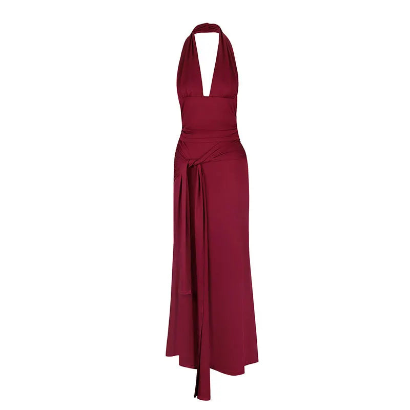 Sexy Satin Wrap around Waist Top with Long Skirt AD329 Summer New Style Crossbody Strap Design Bodycon Dress for Women
