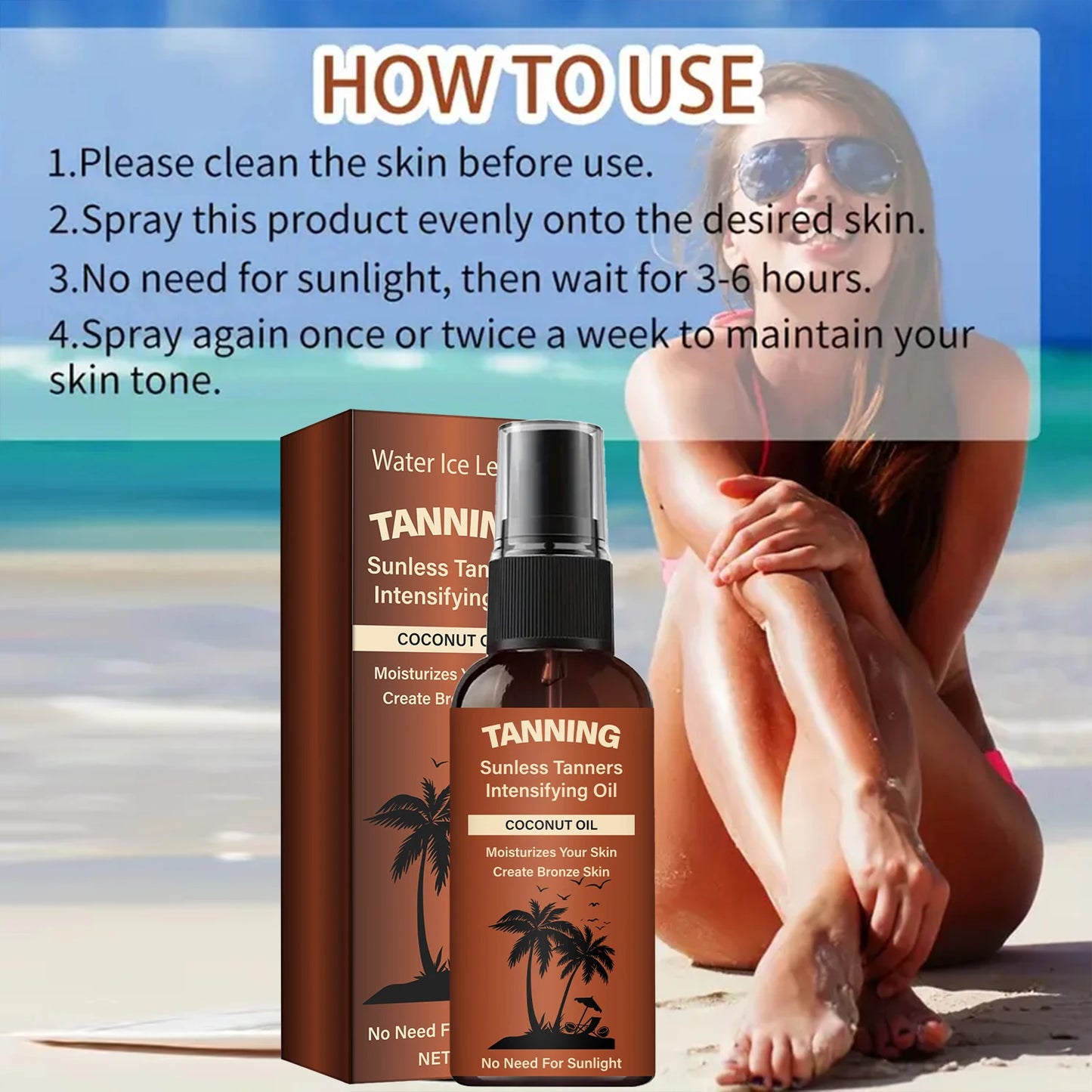 Sunless Tan Intensifying Oil Moisturizes, Creates Bronze Skin. No Sunlight Needed. Fast Visible Results. Maintain Weekly. 30ml.