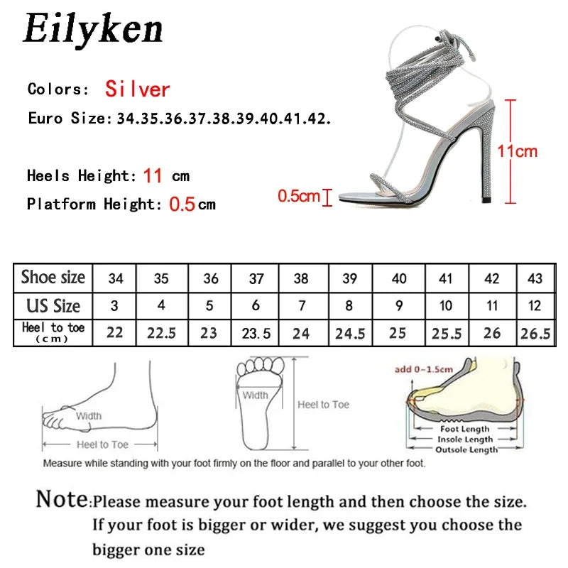 Eilyken Crystal Diamond Ankle Cross Strap Lace-Up Womens Sandals Sexy Thin High Heels Shoes Fashion Party Stripper Ladies Pumps