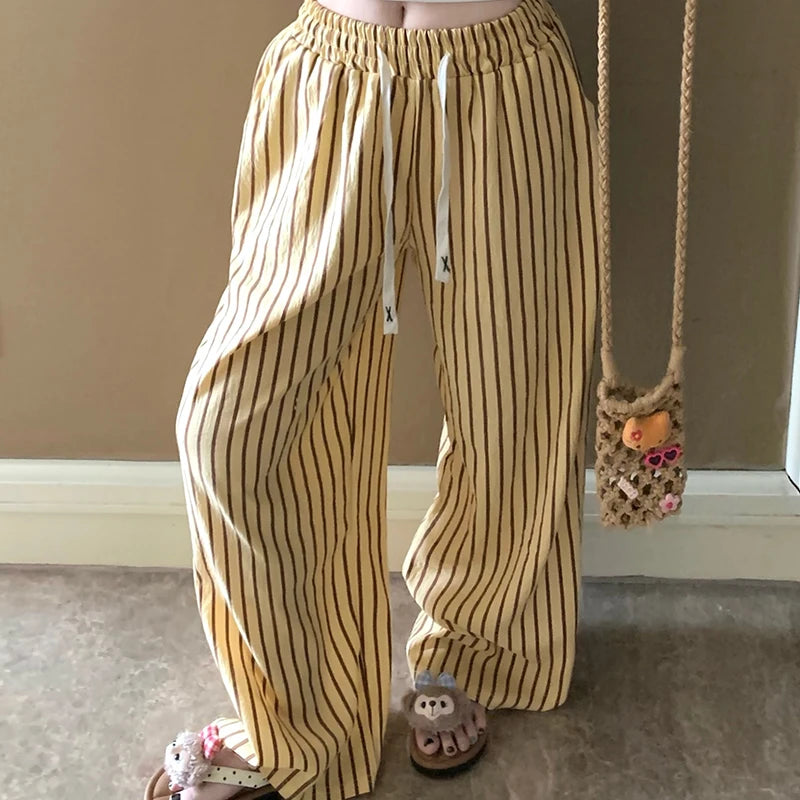 Comfortable Cloud Cotton Sleep Pants Women's Long Pants Striped Outerwear Home Clothes Spring Summer New Style Yellow Stripes