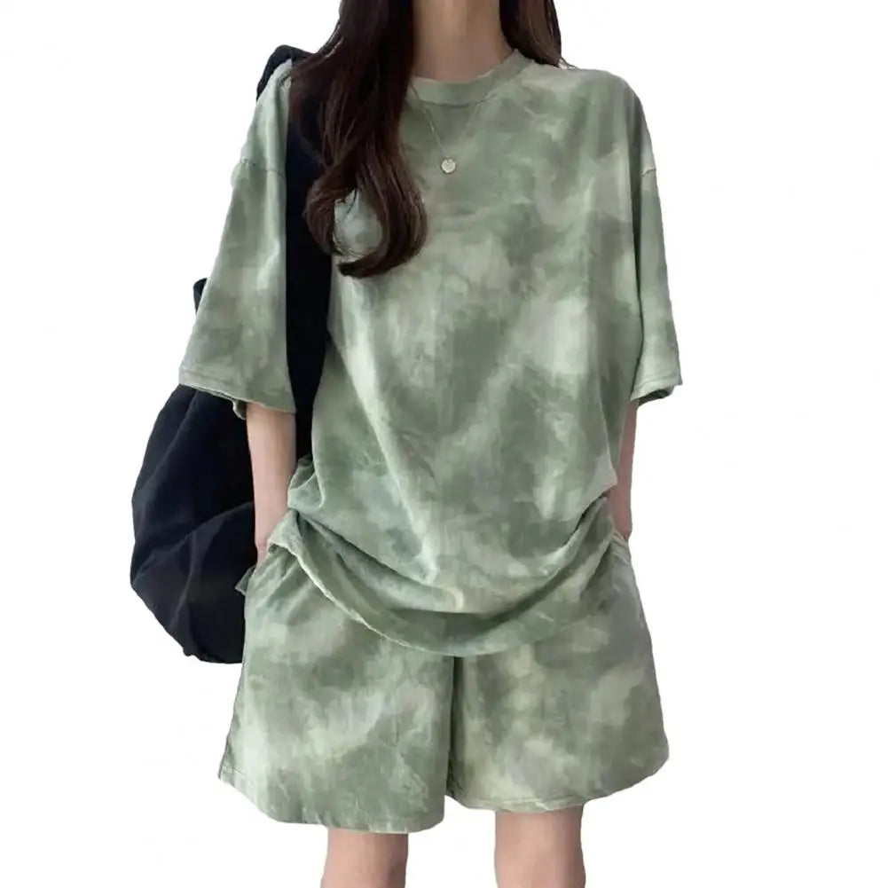 Women T-shirt Shorts Set Tie-dye Loose Short Sleeves Loose Top Elastic Waist Mini Shorts Casual Sport Daily Wear Top Pants Set