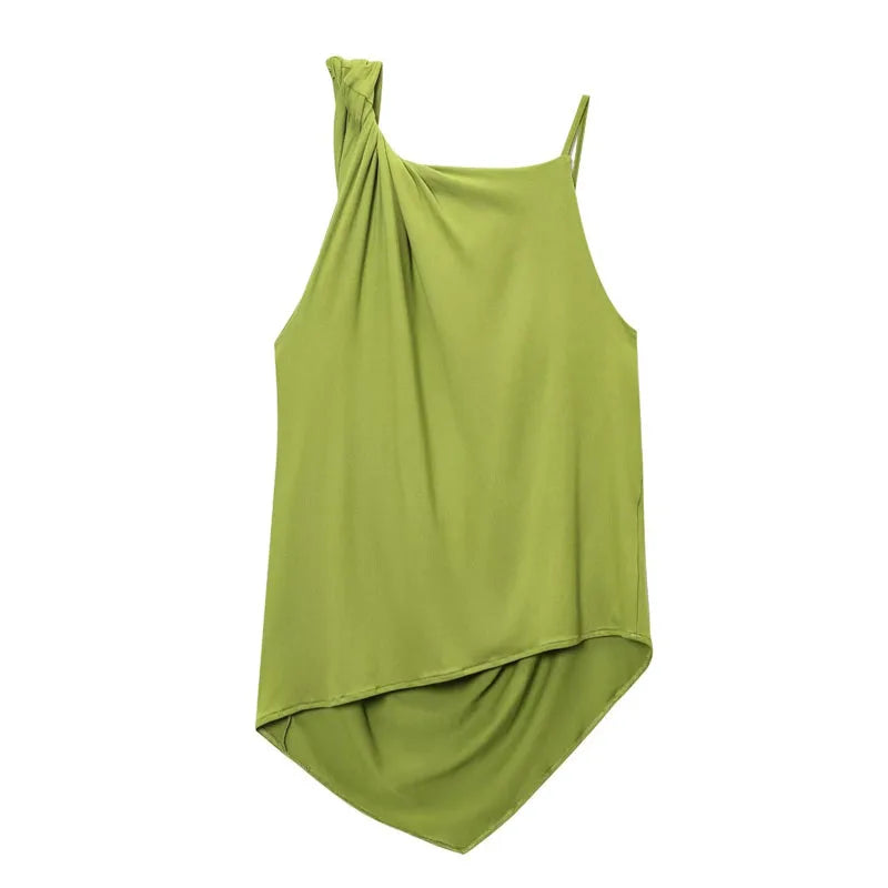 Top Women Summer Tank Sleeveless Top With Open Back Ruffled Asymmetrical Slip Top Sexy Street Style CasualOversize Green Tops