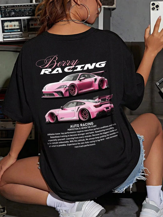 Motorcycle Gift for Car Enthusiasts Graphic Tees Women Tops Loose Fit Top Summer Casual Car Graphic Printed Short Sleeve Tee