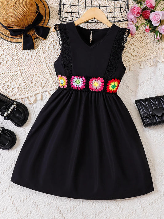 Girls' summer fashion dress: black lace splicing, colorful flower belt, elegant V-neck design