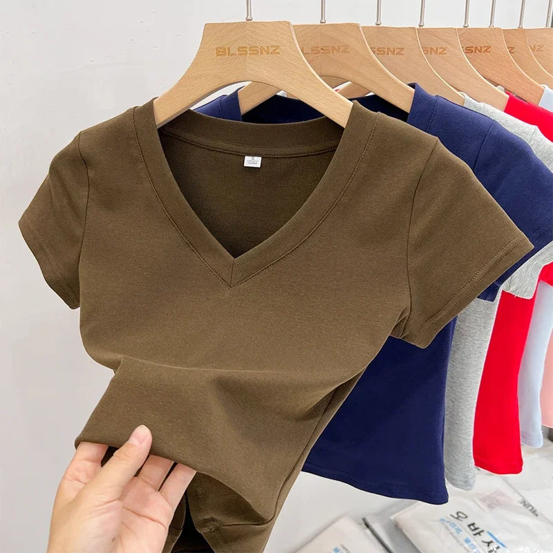 Summer Sexy V-neck Slim T Shirt Women Cotton Basic Solid Crop Tops Female Casual Tops Short Sleeve T-shirts 2026