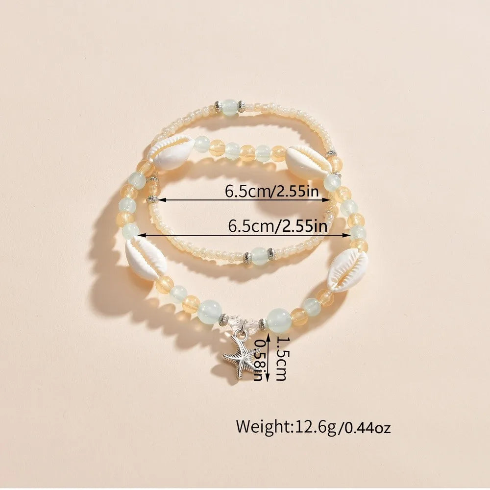 2-piece vacation ocean style alloy starfish pendant with colorful jelly beaded double layered women's anklet