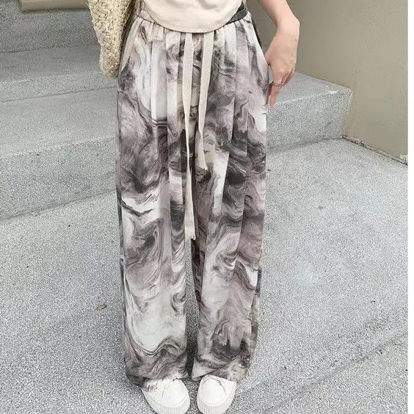 New Chinese Style Tie-dye Ice Silk Casual Thin Women's High Waist Summer High Waist Droop Loose Wide-leg Pants Trendy