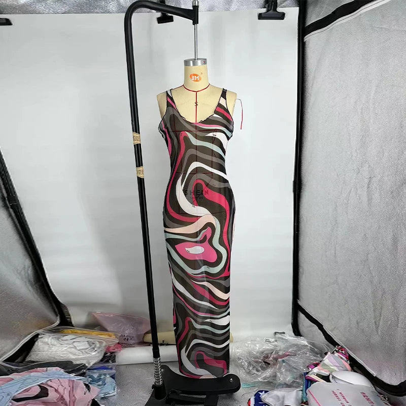 Sexy Women's Sheer Mesh Bodycon Maxi Dress Chic Print Sleeveless Slim Fit Beach Vacation Long Dresses Casual Daily Female Outfit
