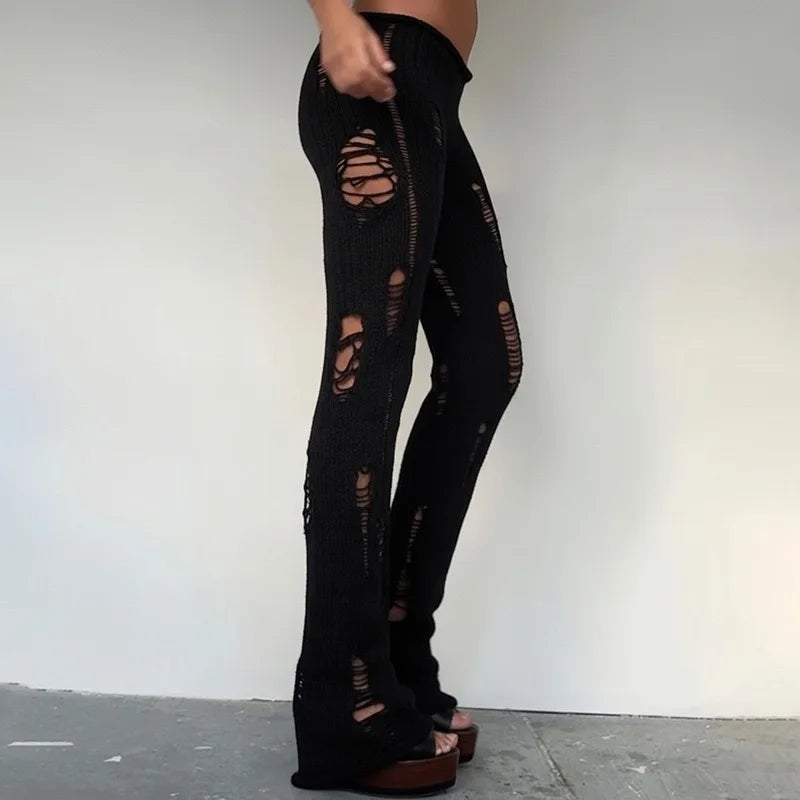 Punk Sle Bell Bot Pants Knitted Wool Slim Fit Hole Design Sexy Girl Streetwear Long Trousers Low Waist for Women And Girls