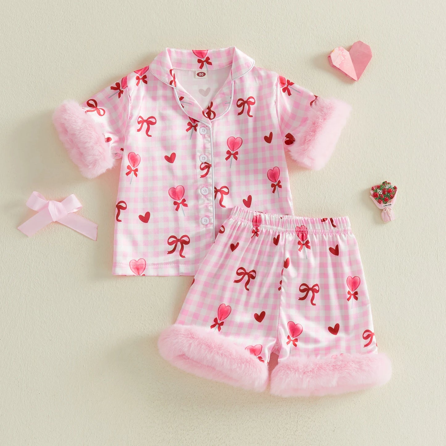 Children Kids Baby Girls Valentine's Day Pajama Sets Short Sleeve Lapel Button Up Bow Heart Plaid Print Shirts Shorts Sleepwear