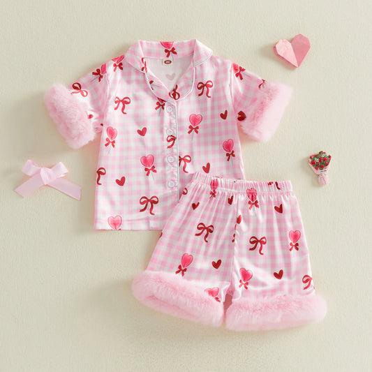Children Kids Baby Girls Valentine's Day Pajama Sets Short Sleeve Lapel Button Up Bow Heart Plaid Print Shirts Shorts Sleepwear