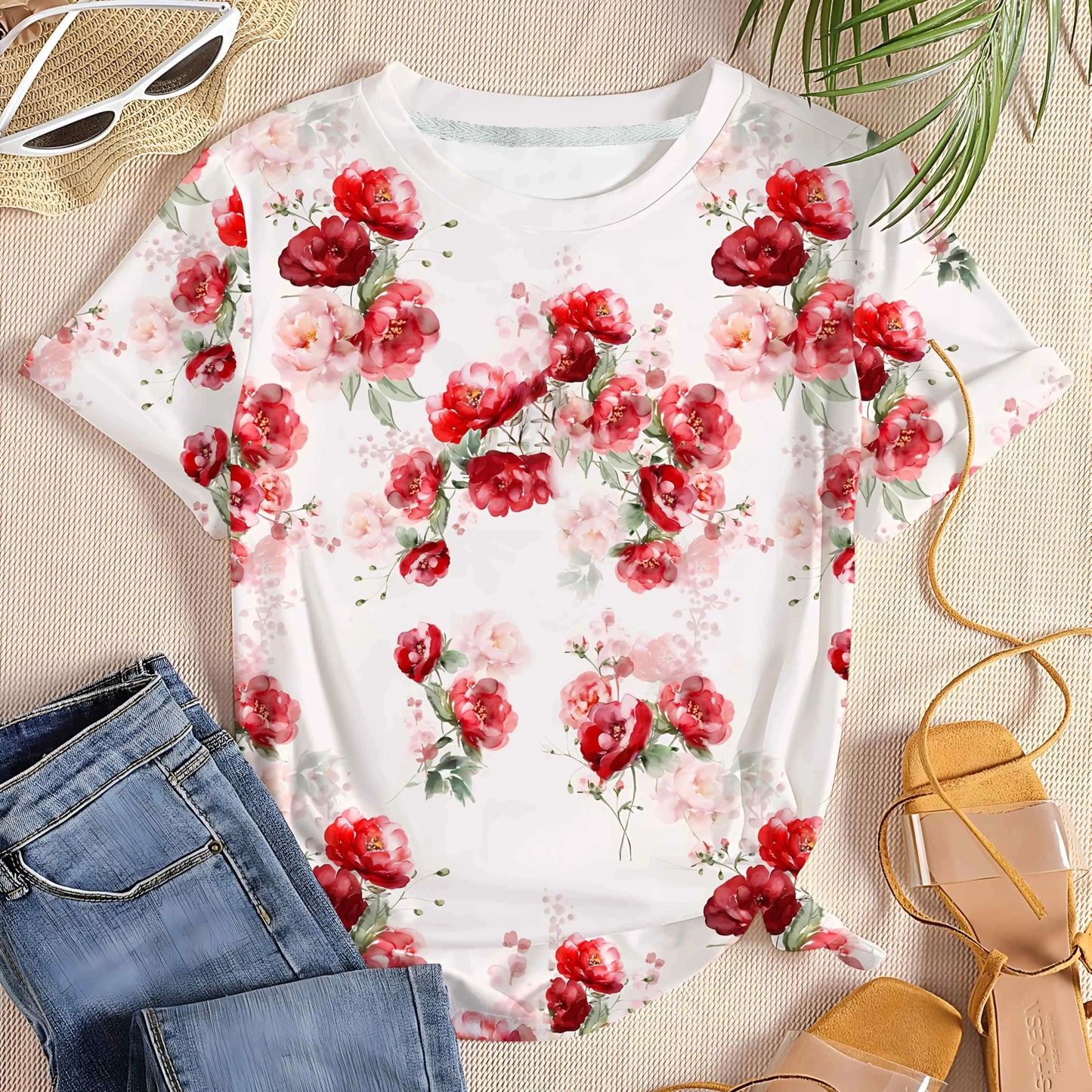 Women's Tee - Red & Pink Floral Pattern Graphic, Elegant Watercolor Garden Design for Casual Daily Wear