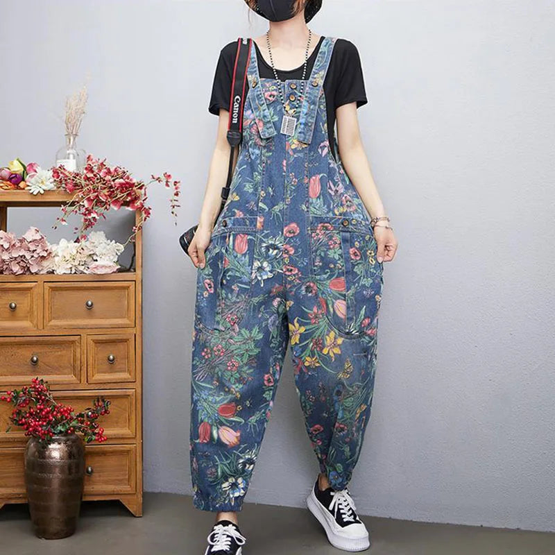 New Printed Denim Overalls Women's Spring Autumn Loose Plus Size Casual Suspender Rompers Fashion Female Jumpsuit Lantern Jeans