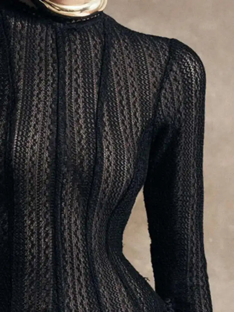 DEAT Fashion Women's Dress Round Neck Long Sleeve Hollow Out Zipper Breathable Slim Short Dresses Spring 2025 New Tide 7AB6845
